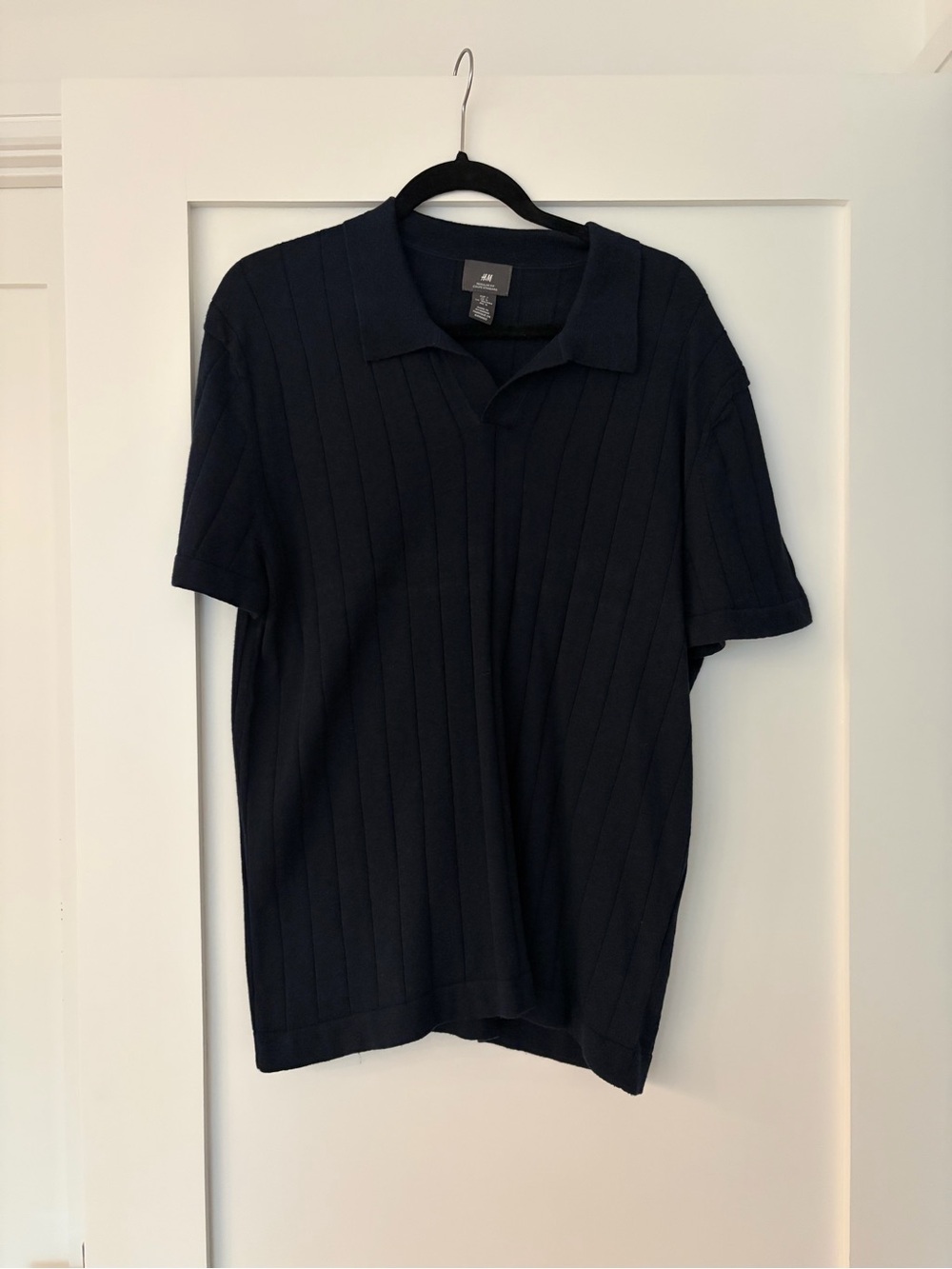 H&M Men's Navy Ribbed Short-Sleeve Polo